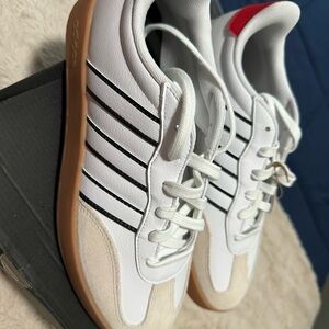 Adidas Men's White Sneakers with Black Stripes and Tan Sole